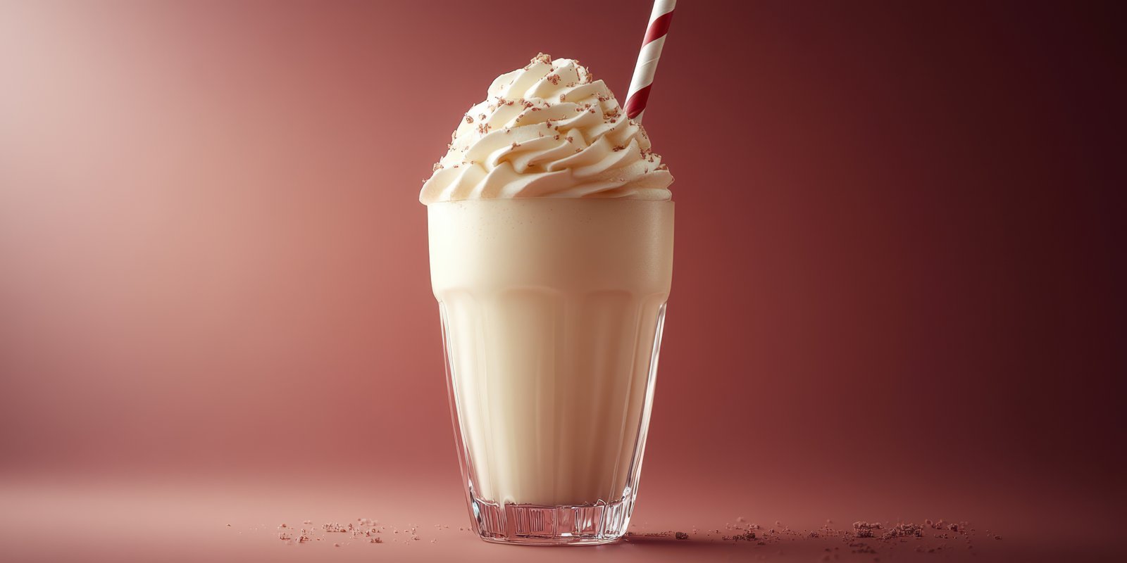 Creamy vanilla shake with whipped cream and straw served in a vintage glass on a rustic backdrop
